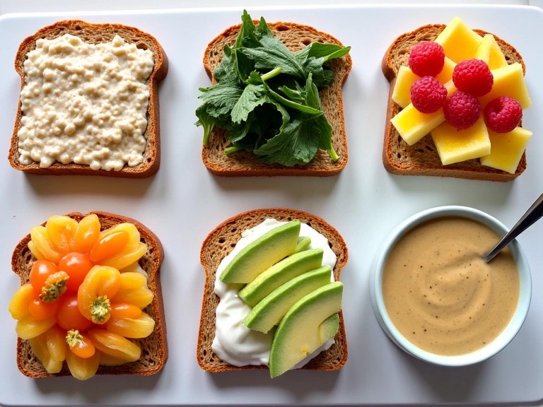 A colorful plate with five distinct healthy breakfast options
