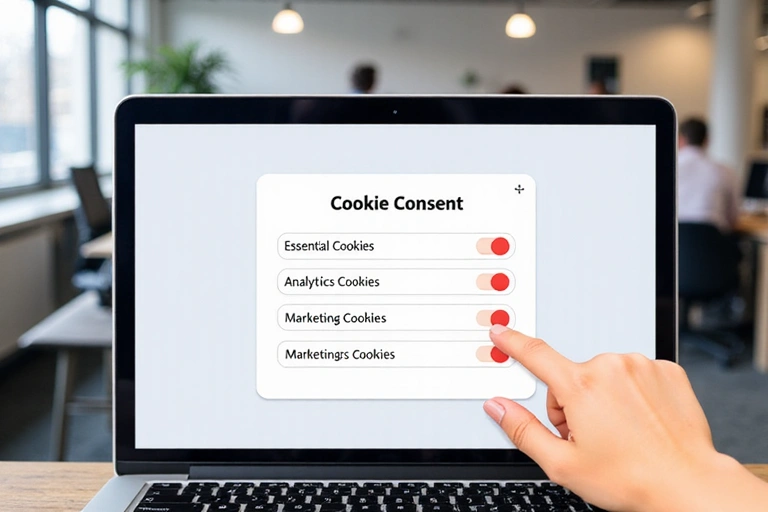A laptop screen displaying a cookie consent pop-up with various cookie categories like essential, analytics, and marketing. A hand is selecting options.