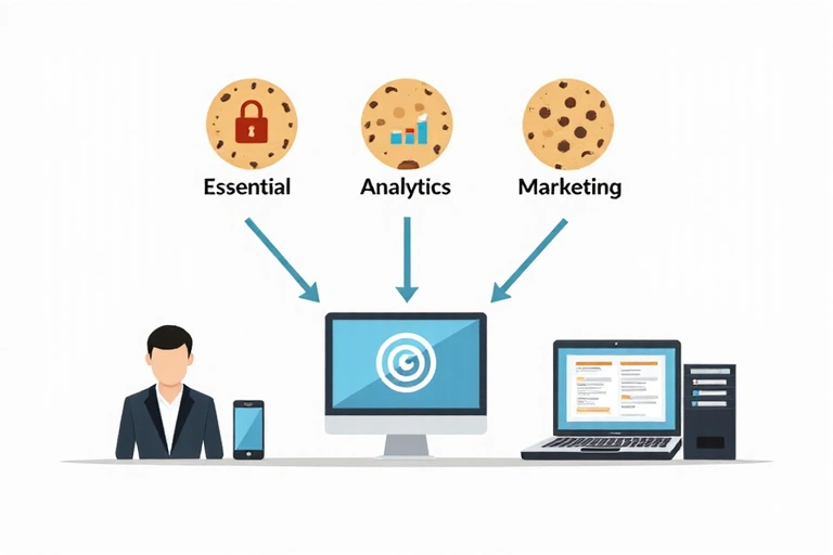 A stylized diagram showing different types of cookies (essential, analytics, marketing) and their functions, with arrows pointing to a user's device and a website server.