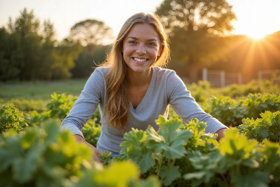 A person happily tending to a thriving home garden, symbolizing long-term health and well-being achieved through sustainable practices.