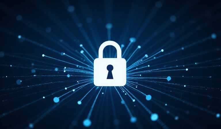 A secure lock icon overlaid on a digital network, symbolizing data protection and privacy.