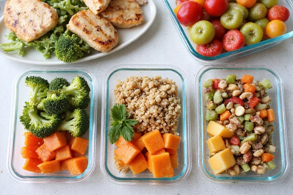 Healthy meal prep containers with various colorful foods