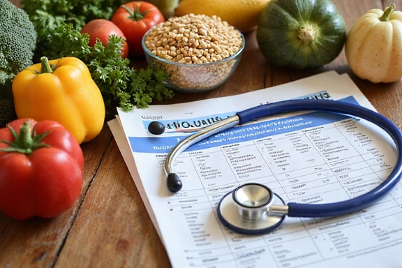 Various healthy foods and medical charts on a table, symbolizing disease management
