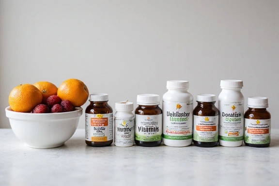 Various dietary supplement bottles and fresh fruits on a table