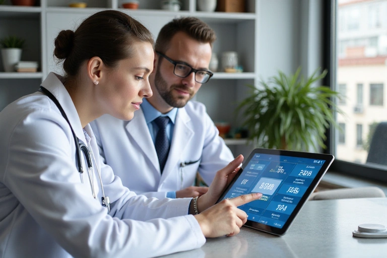 Doctor and patient discussing health data on a tablet